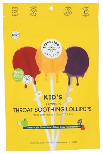 Kids Throat Soothing Lollipops by Beekeeper's Naturals - Doctor Formulated Immune Support, Vitamin D & Honey, Under 2g Sugar, Clean Ingredients,15 ct