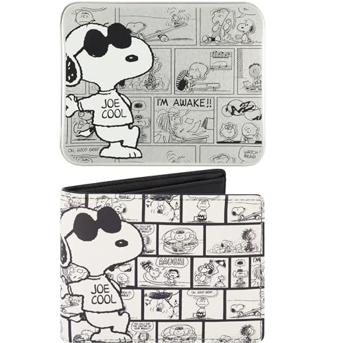 Concept One Peanuts Wallet, Snoopy Joe Cool Slim Bifold Wallet with Decorative Tin Case for Men and Women, Multicolor