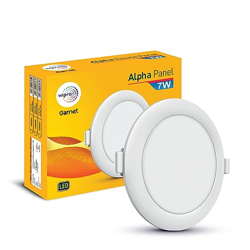 wipro Garnet 7W Round LED Alpha Panel | Cool White Light (6500K) | Recessed Down Light for False Ceiling | Cutout - 82mm | Pack of 1