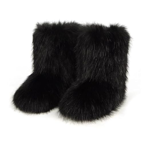 QMFUR Women's Furry Faux Fur Boots Fuzzy Fluffy Mid Calf Snow Boots Suede Warm Fur Lined Booties Flat Fashion Boots (Black 1, 9)