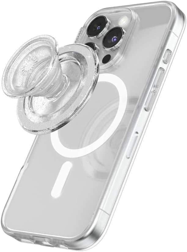 PopSockets Phone Grip for MagSafe with Kickstand, Magnetic Stand, Swappable Top, Secure Hold for iPhone MagSafe Cases, Phone & Tablet Grip, Cute PopSockets - Clear Glitter