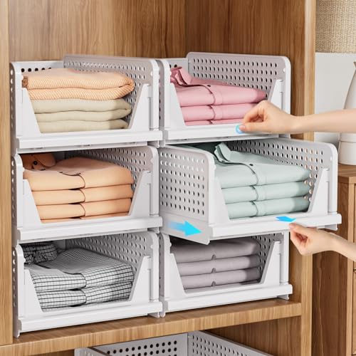 SNSLXH 5 Pack Stackable Closet Storage Basket, Multifunctional & Foldable Closet Organizer for Bathroom Kitchen Laundry Room Wardrobe Storage, Space-Saving Clothes Storage Drawer Organizer, White