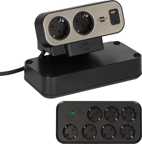 Brennenstuhl Estilo Duplex stekkerdoos met schakelaar en overspanningsbeveiliging (stekkerblok met USB C Power Delivery, 1x USB C en 1x USB A, 9x contactdozen, 2m) zilver/zwart