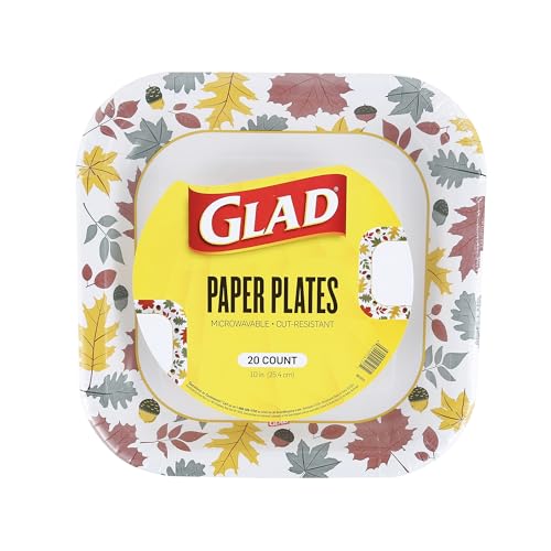 Glad Square Disposable Paper Plates, Falling Foliage Pattern - Strong, Sturdy, Soak Proof, and Microwavable Decorative Plates for Dinner and Everyday Use, 10 Inch, 20 Count