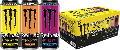 Monster Energy Rehab Tea + Lemonade, Peach, Wild Berry, Variety Pack, Energy Iced Tea,15.5 Ounce (Pack of 15)