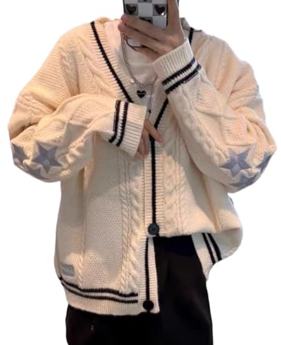 Women's Cardigan Star Embroidery Knit Open Front Cardigan V Neck Long Sleeve Oversized Button Sweater Coat Outwear (Beige1,M,Medium)
