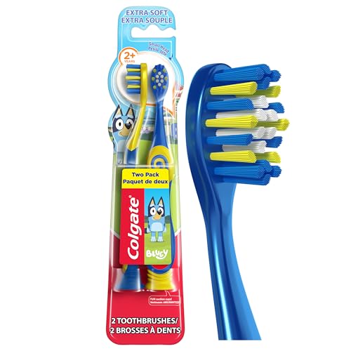 Colgate Bluey Extra Soft Toothbrush for Kids, Kids Toothbrush Pack with Built in Suction Cup Toothbrush Holder, Designed for Children Ages 2 and Up, Extra Soft Bristles, 2 Pack