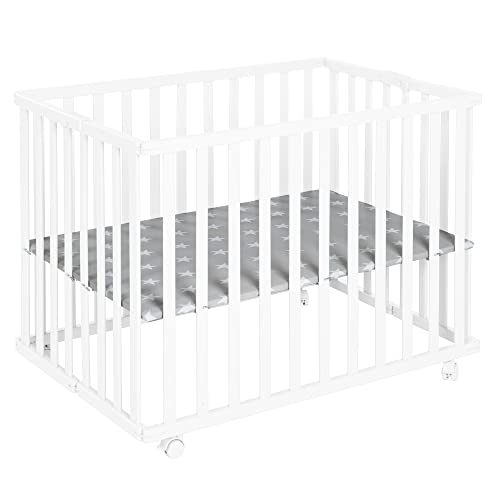(-29%) roba Laufgitter klappbar, Holz weiß, mit Einlage Little Stars, 74x100 cm, platzsparendes Spielgitter inkl. Rollen