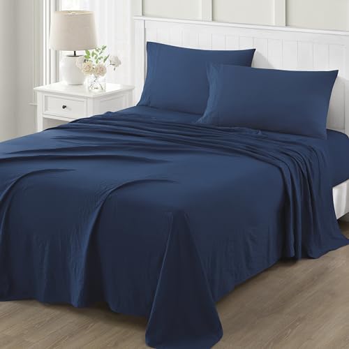 Martha Stewart Ultra Soft Brushed and Washed Microfiber 4 Piece Sheet Set, Easy Care, Comfy Bed Sheets, Deep Pocket up to 16", 1 Flat and 1 Fitted Sheet, 2 Standard Pillowcases, Full Size, Navy Blue