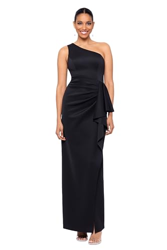 Xscape Women's Long Stretch Scuba Sleeveless One Shoulder Side Ruffle Dress, Black, 8