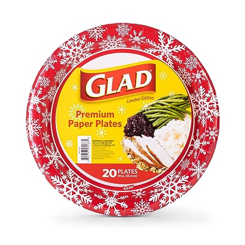 Glad Round Disposable Paper Plates, Holiday Red Snowflake Design - Strong, Sturdy, Soak Proof, and Microwavable Decorative Plates for Dinner and Everyday Use, 10 Inch, 20 Count