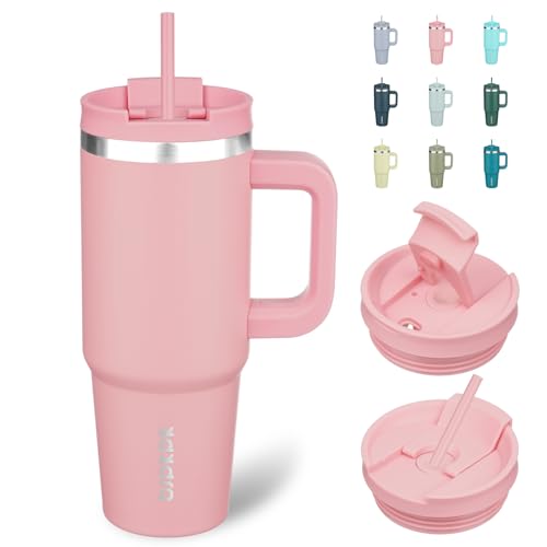 BJPKPK 30oz Stainless Steel Insulated Tumbler With Handle And Lid Straw Travel Coffee Mug Thermal Cup,Light Pink