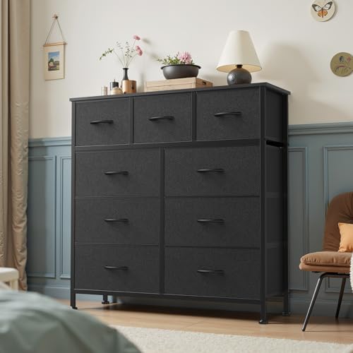 DUMOS Dresser for Bedroom, Storage Organizer with 9 Drawers, Chest of Drawers with Fabric Bins, Sturdy Metal Frame, Wood Tabletop for Guest Room, Closet, Entryway, Nursery