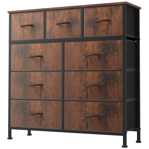 DUMOS Dresser for Bedroom, Storage Organizer with 9 Drawers, Chest of Drawers with Fabric Bins, Sturdy Metal Frame, Wood Tabletop for Guest Room, Closet, Entryway, Nursery