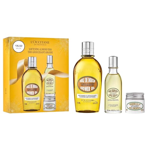 L'OCCITANE Softening Almond Trio Gift Set: Best Holiday Gift Set with Almond Shower Oil Body Wash, Moisturizing Milk Concentrate, Softening Supple Skin Oil