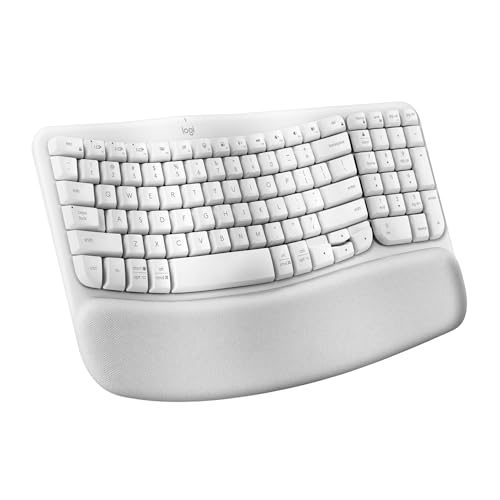 Teclado Ergonômico sem fio Logitech Wave Keys com Design Ondulado, Suporte para Descanso de Pulso Acolchoado, Bluetooth ou Receptor USB Logi Bolt, Compatível com Windows/Mac e Layout US - Branco