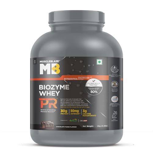 MuscleBlaze Biozyme Whey PR Protein Powder, 2kg (4.4lbs) | Chocolate Fudge| 30g Protein, 3g Creatine Monohydrate & 50mg AstraGin Per Serving