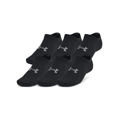 Under Armour Unisex-Adult Essential No Show Socks 6 Pack, (001) Black/Black/Castlerock, Large