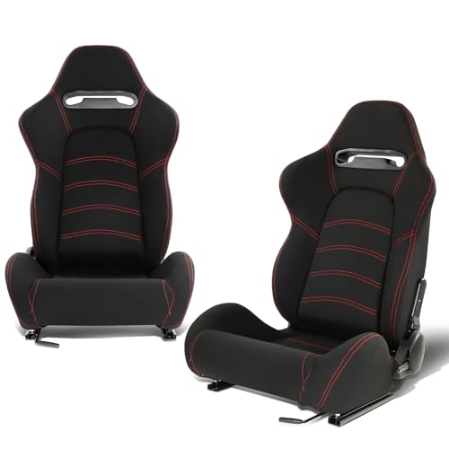 DNA MOTORING Pair of Universal Reclinable Racing Seats with Bottom Mount Sliders, 21.5" W X 21.5" D X 35" H, Black/Red, RS-JBR-005-BK-RD
