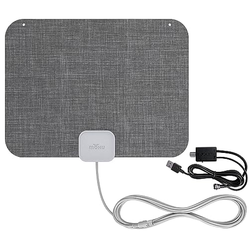 Mohu Leaf Stitch Amplified – Flat Indoor TV Antenna, 60-Mile Range, Jolt Switch Amp, UHF VHF, Multi-Directional, 4K UHD, NEXTGEN TV - w/ 12 ft. Cable