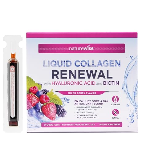 NatureWise Hydrolyzed Liquid Collagen for Women & Men 4000mg - High Absorption, Type 1 & 3 Peptides with Biotin + Vitamin C + Vitamin B Complex & Hyaluronic Acid -Mixed Berry - 30 Tubes[30 Day Supply]