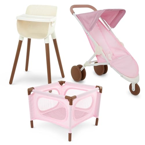 LullaBaby – 14-Inch Realistic Baby Doll Accessory Bundle – Nursery Care Set – High Chair, Playpen & Jogger Stroller – Pretend Play Toys – Kids 2+ Years– Baby Doll Nursery Playset