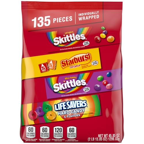 SKITTLES Original, SKITTLES Wild Berry, STARBURST & LIFE SAVERS Hard Candy Fun Size Fruity Candy Assortment Halloween Bulk Bag, 135 Ct