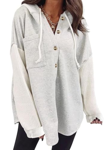 SHEWIN Women's Oversized Sweatshirts for Women Loose Fit Casual Long Sleeve Button Lightweight Hoodies Fall Outfits Women Trendy,US 8-10(M),Gray