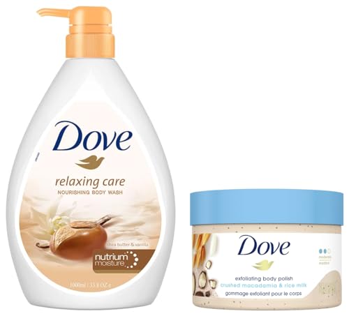 Exfoliating Body Polish| Body Scrub 298gm & Dove Relaxing Shea Butter Body Wash 1L