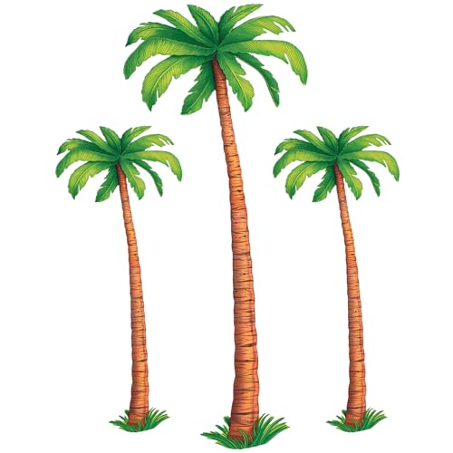 Beistle Jointed Palm Tree Decorations - 3-Count Cardstock Paper Cut Outs, Tropical Island, Hawaiian Luau and Beach Party Wall Décor for Summer Events and Vacation-Themed Celebrations, 2-4’ & 1-6’