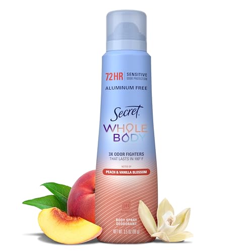 Secret Whole Body Deodorant Spray for Women, Peach & Vanilla Scent, Aluminum Free Deodorant Spray, 72 HR Odor Protection, 3.5 oz