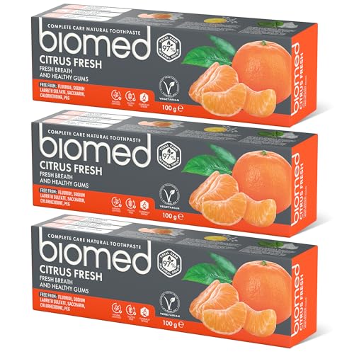 (-23%) BIOMED – Zitrusfrische Zahnpasta 3 x 100 g, für frischen Atem und gesundes Zahnfleisch, frei von Fluorid, SLS, PEG, Saccharin, entfernt Plaque, schützt vor Karies, Zitrusgeschmack