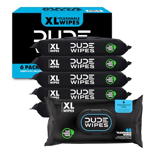 Dude Wipes - Flushable Wipes Unscented - (6 Pack) 288 Count - Extra Large - Flushable - Vitamin-E & Aloe - Septic and Sewer Safe