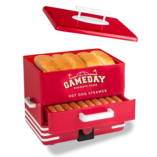 Nostalgia, Game Day Hot Dog Steamer and Bun Warmer, Fits 20 Dogs and 8 Buns, Steams Pot Stickers, Veggies, Potatoes, and Other Appetizers or Toppings