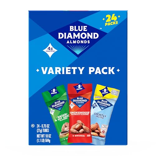 Blue Diamond Almonds Snack Nut Variety Pack for Kids, Office, School, On-the-go, 0.75 oz Gluten Free Individual Packs, Wasabi & Soy Sauce, Lightly Salted, and Smokehouse (Pack of 1,24 Count Total)