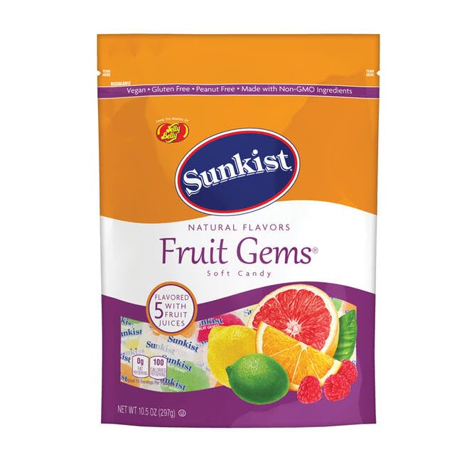 Jelly Belly Sunkist Assorted Fruit Gems, Resealable 10.5 Ounce Pouch Bag - 5 Intense Fruit Flavors, non-GMO, Individually Wrapped Candy