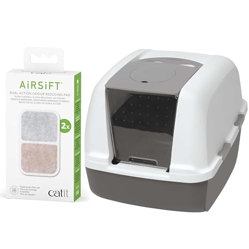 Catit Jumbo Hooded Cat Litter Pan, Warm Gray – Provides Privacy and Easy Access for Cleaning + Catit Airsift Dual Action Air Purifier Pad, 2 Pack