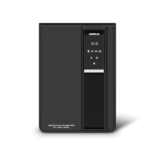 Havells Gracia FAB Alkaline Water Purifier (Black), RO+UV+Alkaline, Hot, Warm & Ambient Water, Copper+Zinc+Minerals, 9 Stage Purification, 6.5L SS Tan