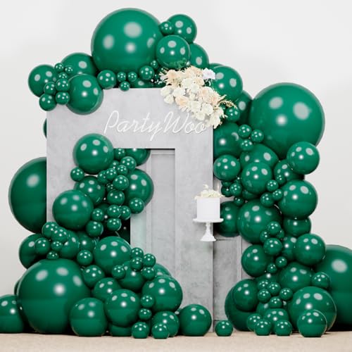 PartyWoo Pearl Dark Green Balloons 140pcs Different Sizes Pack of 18 12 10 5 Inch Pearl Emerald Hunter Forest Green Balloon Arch Kit for Jungle Dinosaur Theme Birthday Party Decorations Green-Z01