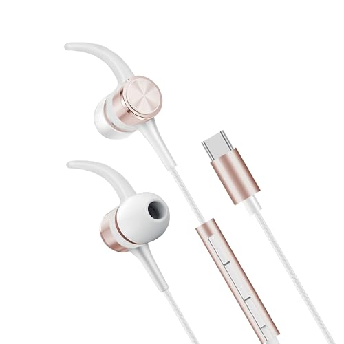 Geonav Fone de Ouvido Flex Digital com fio, Intra Auricular, conector USB-C, com microfone, ponteiras magnéticas, controlador multifunções, ESFNURG, Rosa Gold/Branco