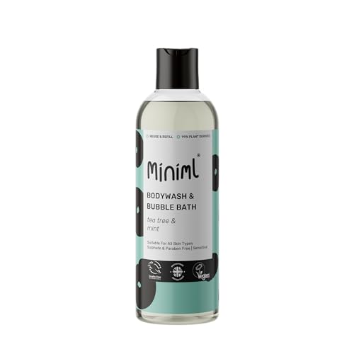 Miniml All Natural Body Wash and Bubble Bath - 500ml Moisturising Tea Tree & Mint Sensitive Skin Eco Shower Gel Bath Soak - Vegan Friendly High Foam