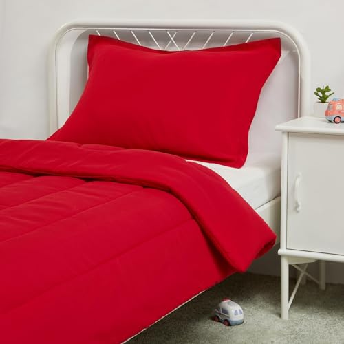 Amazon Basics 2 Piece Microfiber Kid's Comforter and Pillow Sham Set, Toddler, Red, Solid