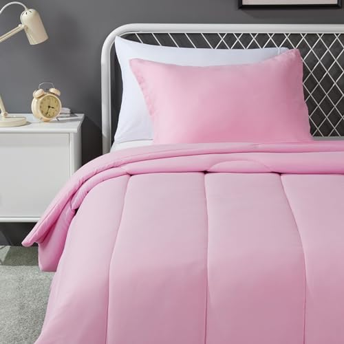 Amazon Basics 2 Piece Soft Microfiber Kid's Comforter and Pillow Sham Set, Twin, Light Pink, Solid
