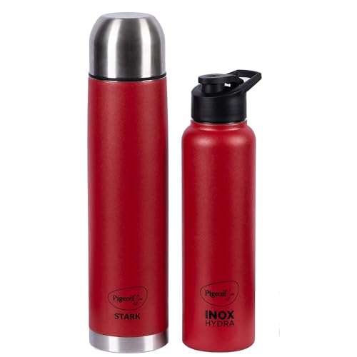 Pigeon by Stovekraft Therminox Stark Plus Vacuum Insulated Flask 1000ml + INOX Hydra Single Walled Fridge Bottle 900ml Bottle Combo, (Red) |Leak Proof