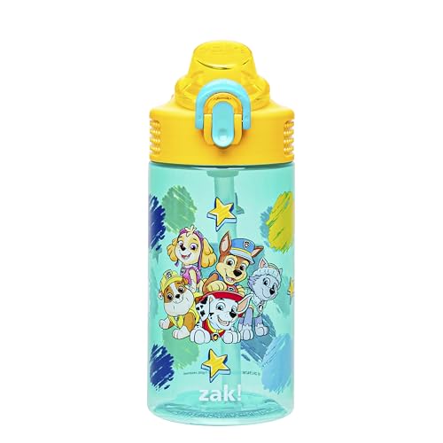 Zak Designs PAW Patrol Sage Water Bottle For School or Travel, 16oz Durable Plastic Water Bottle With Straw, Handle, and Leak-Proof, Pop-Up Spout Cover (Chase, Marshall, Skye, Rubble, Everest)
