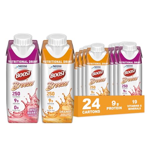 Boost Breeze Clear Nutritional Drink, 9g Protein, 250 Nutrient-Rich Calories, 2 Flavor Variety Case (Orange + Wildberry), 8 Fl Oz (Pack of 24)