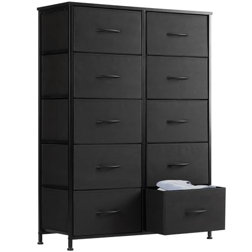 Sweetcrispy Dresser, Tall Dresser for Bedroom, Drawer Dresser Organizer Storage Drawers with 10 Drawers, Chest of Drawers with Fabric Bin, Steel Frame, Wood Top for Bedroom, Closet, Entryway