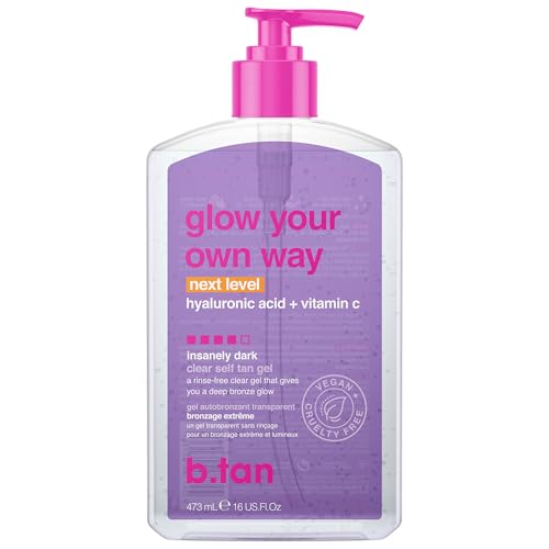 b.tan Insanely Dark Clear Self Tan Gel | Glow Your Own Way Next Level - Best, Transfer-Resistant Sunless Tanning Lotion, Ultra Quick Bronze, No Fake Tanner Smell, 16 Fl Oz