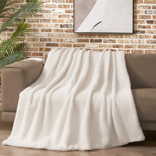 Lucky Brand Solid Rabbit Mink Faux Fur Throw Blanket, Plush Faux Fur Blanket for Sofa or Bed, 50"x70", White Ivory