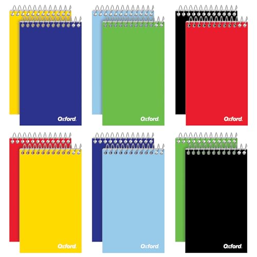 Oxford Spiral Memo Pads, Top Wire Bound, 3 x 5 Inch Pocket Notepad, College Ruled, 6 Assorted Primary Colors, 75 Sheets, 12 Pack (25092)